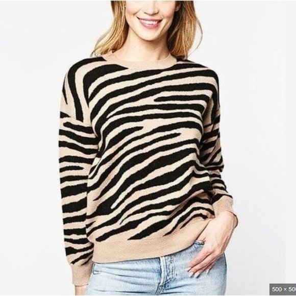 J.O.A. Zebra Print Crew Neck Sweater - Black and Tan - Picture 1 of 6